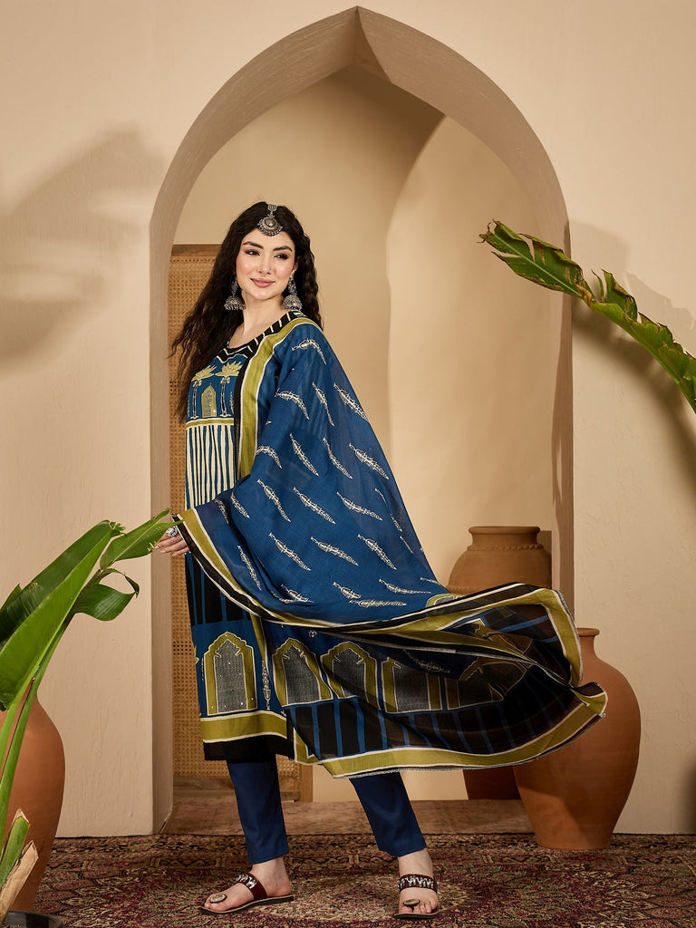 Women's Blue Striped Printed Cotton Straight Kurta Pant Dupatta Set