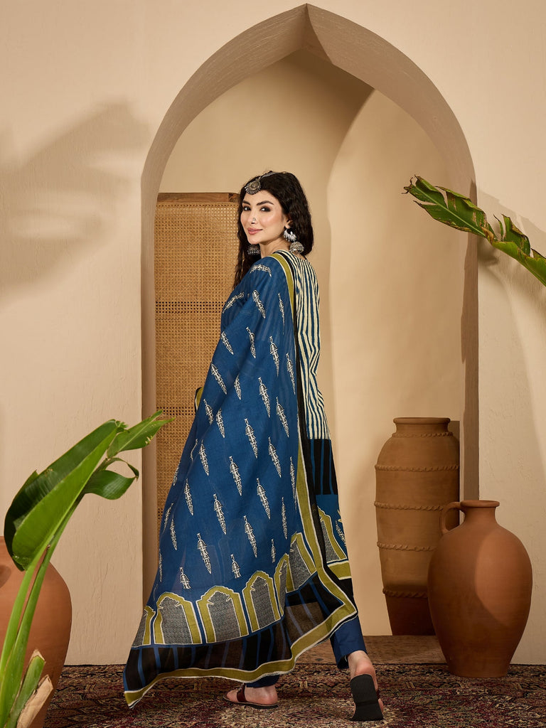 Women's Blue Striped Printed Cotton Straight Kurta Pant Dupatta Set