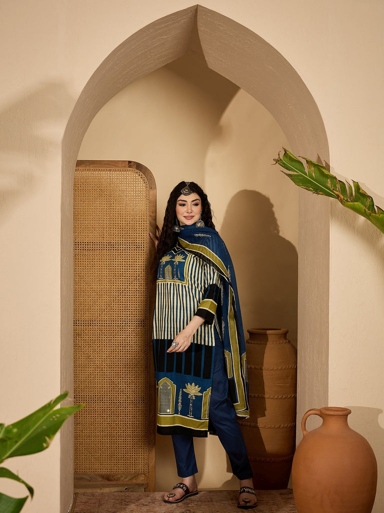Women's Blue Striped Printed Cotton Straight Kurta Pant Dupatta Set