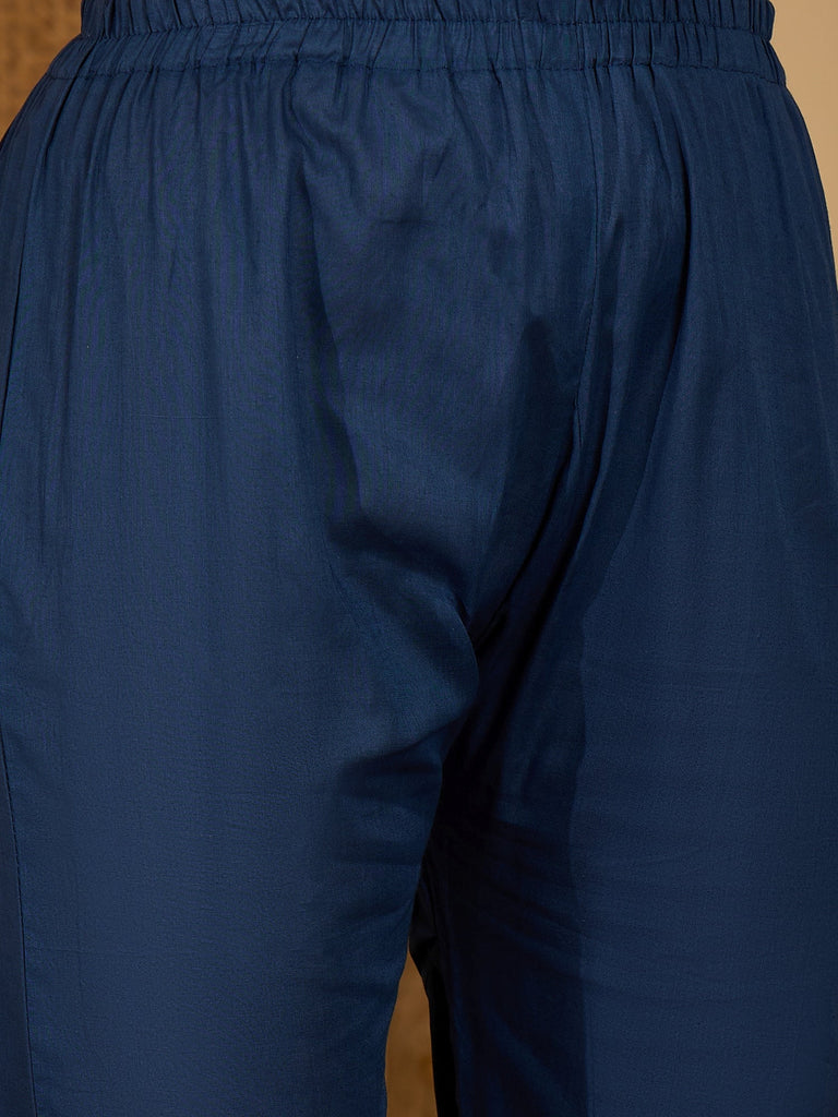 Women's Blue Striped Printed Cotton Straight Kurta Pant Dupatta Set