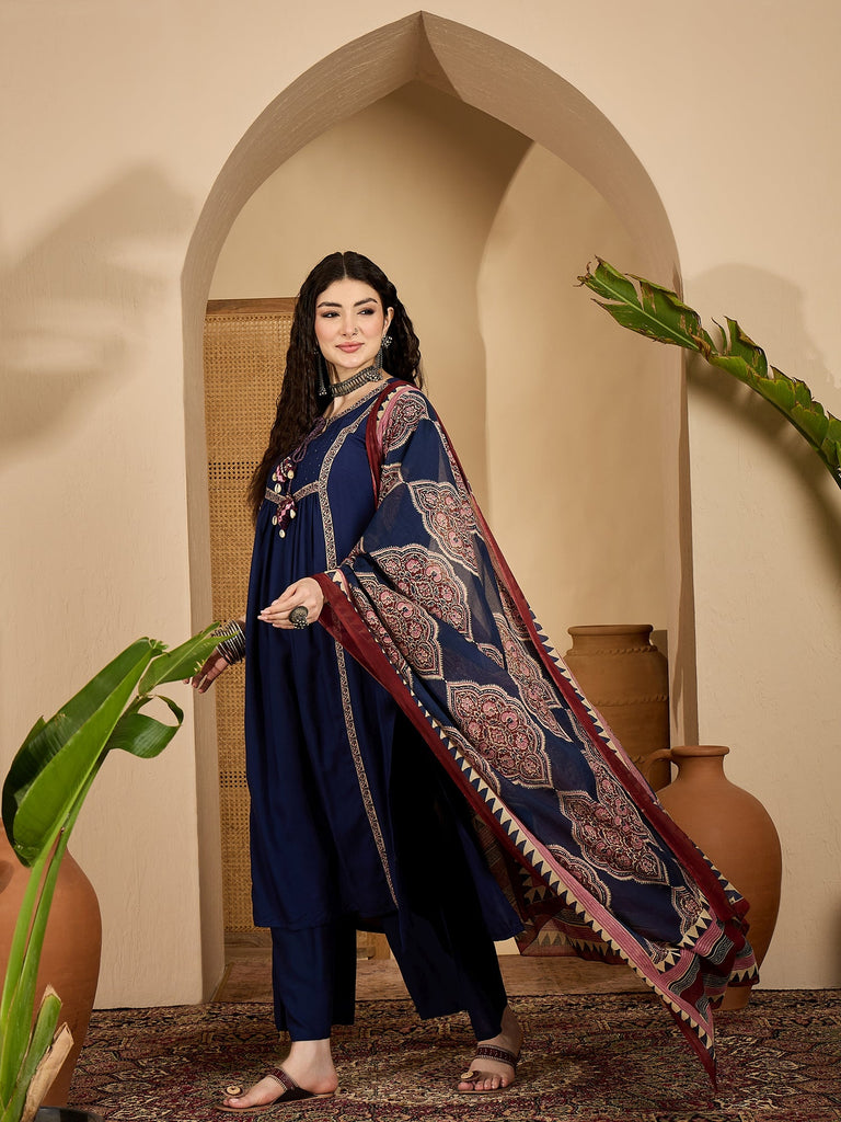 Women's Blue Solid Rayon A-Line Kurta Pant Dupatta Set