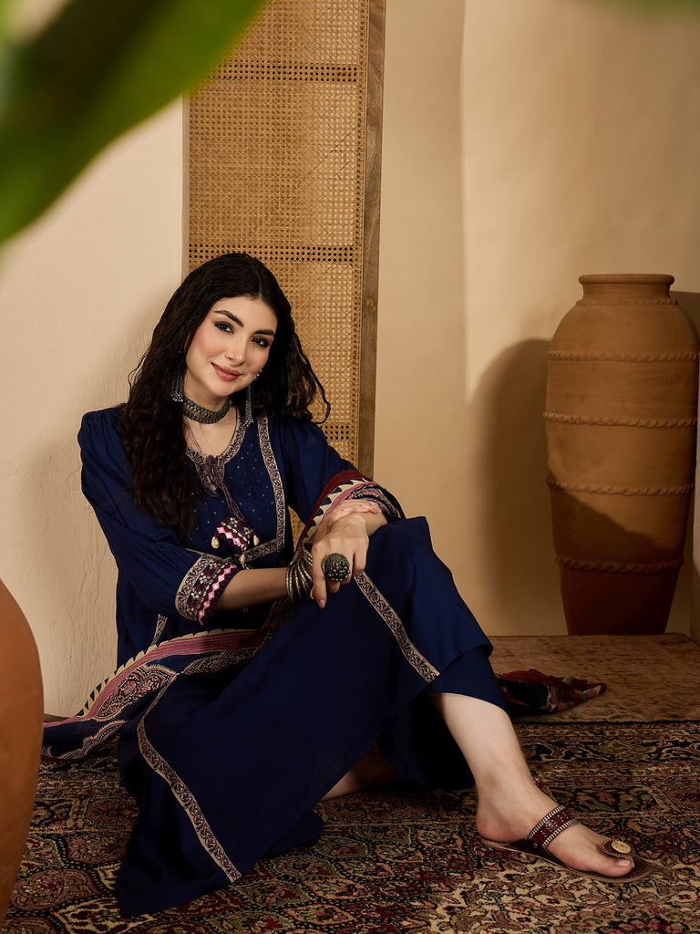 Women's Blue Solid Rayon A-Line Kurta Pant Dupatta Set