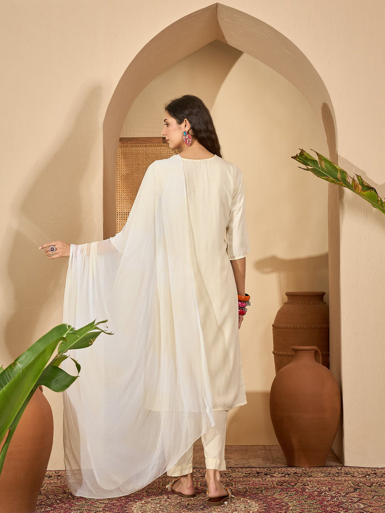 Women's Cream Solid & Embroidered Rayon Straight Kurta Pant Dupatta Set