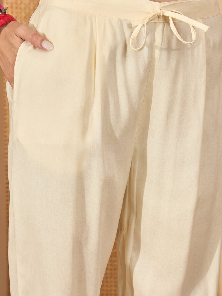 Women's Cream Solid & Embroidered Rayon Straight Kurta Pant Dupatta Set