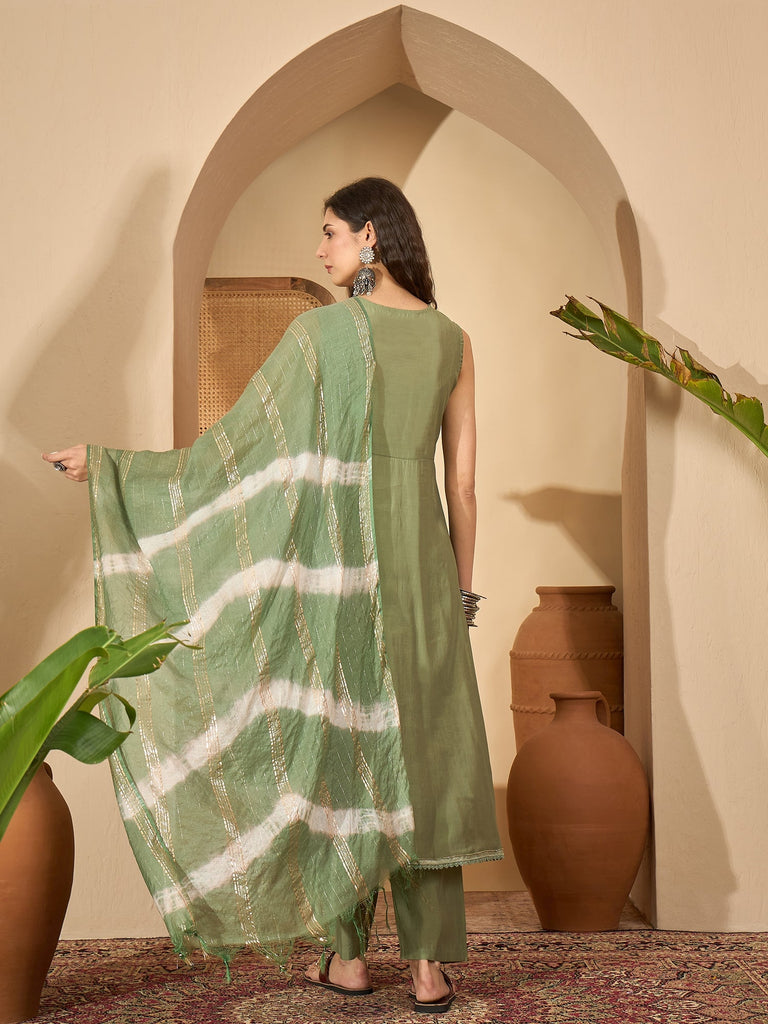Women's Green Solid & Embroidered Silk Blend A-Line Kurta Pant Dupatta Set