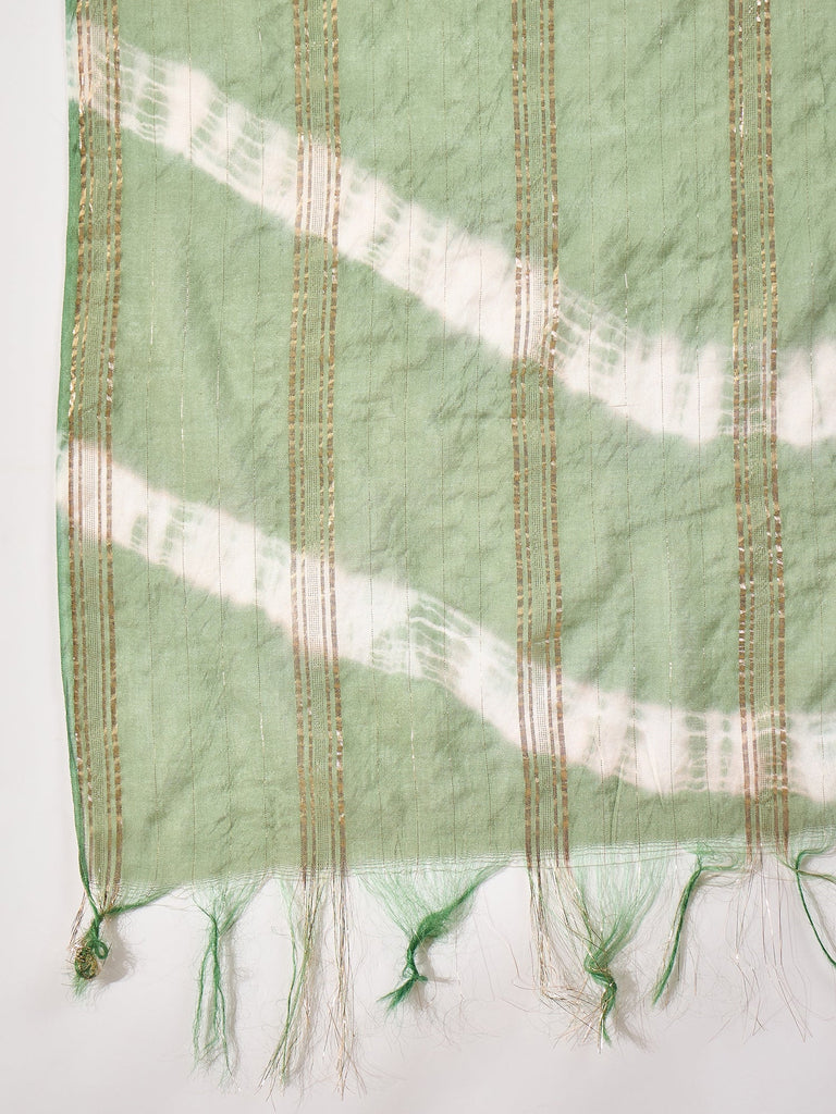 Women's Green Solid & Embroidered Silk Blend A-Line Kurta Pant Dupatta Set