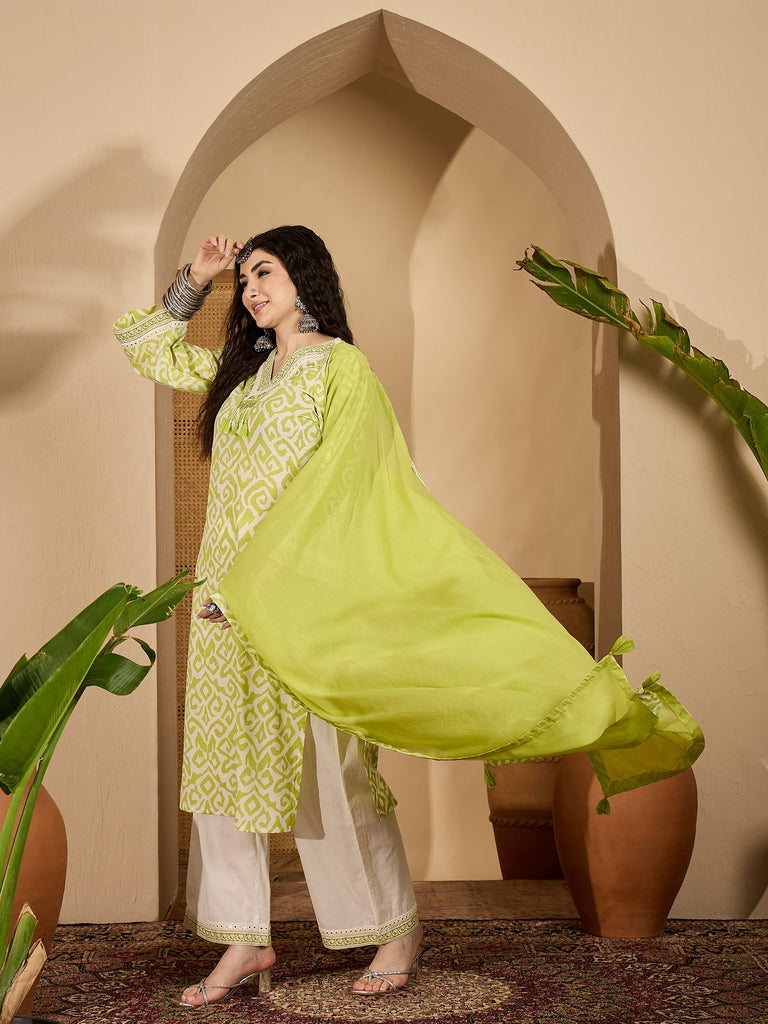 Women's Green Ikat Printed Cotton Straight Kurta Palazzo Dupatta Set