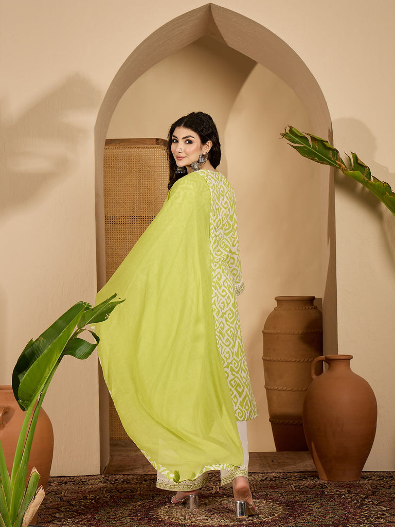 Women's Green Ikat Printed Cotton Straight Kurta Palazzo Dupatta Set