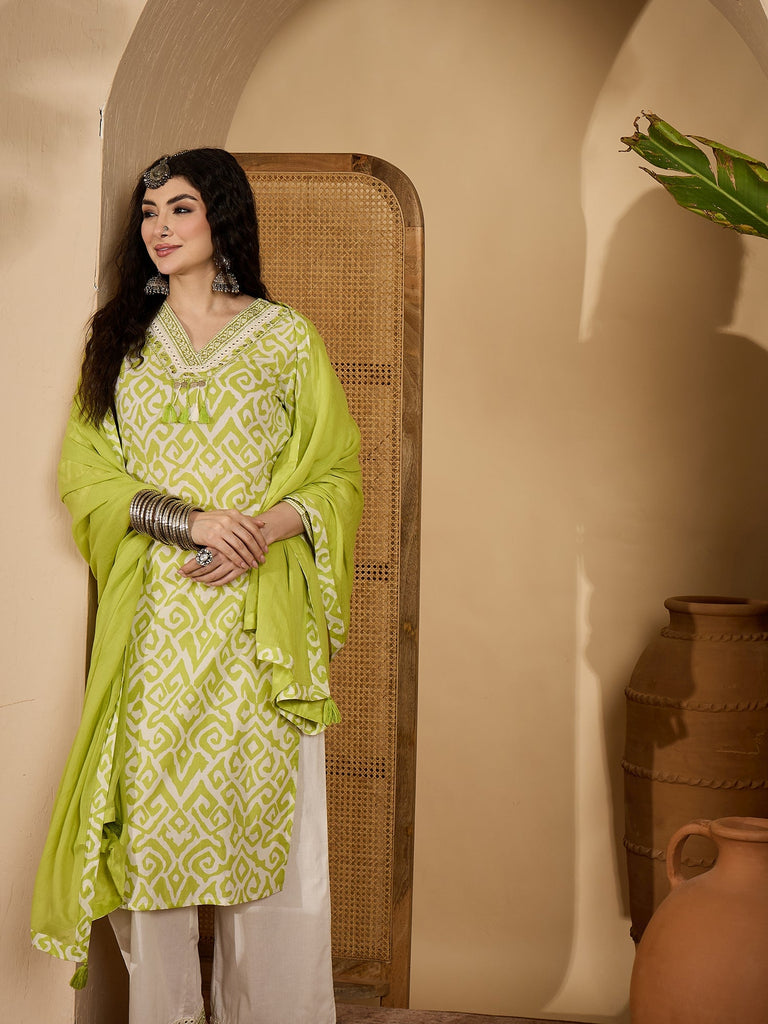 Women's Green Ikat Printed Cotton Straight Kurta Palazzo Dupatta Set