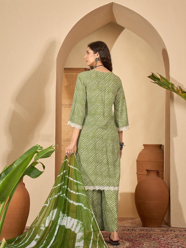 Women's Green Leheriya Printed Rayon Straight Kurta Palazzo Dupatta Set