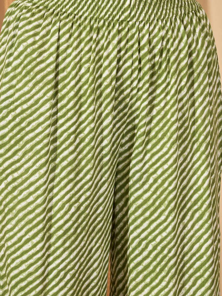 Women's Green Leheriya Printed Rayon Straight Kurta Palazzo Dupatta Set