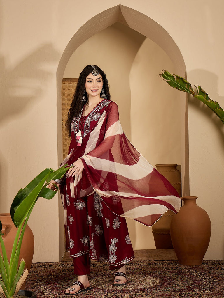 Women's Maroon Floral Printed Rayon Flared Kurta Pant Dupatta Set