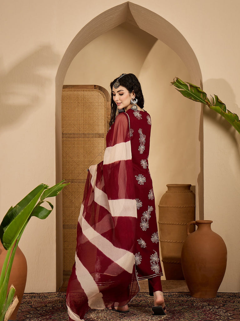Women's Maroon Floral Printed Rayon Flared Kurta Pant Dupatta Set