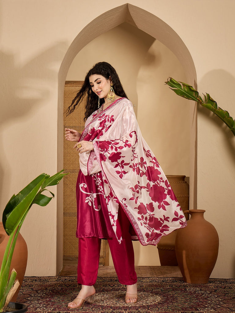 Women's Pink Floral Printed & Embroidered Chinon Straight Kurta Pant Dupatta Set