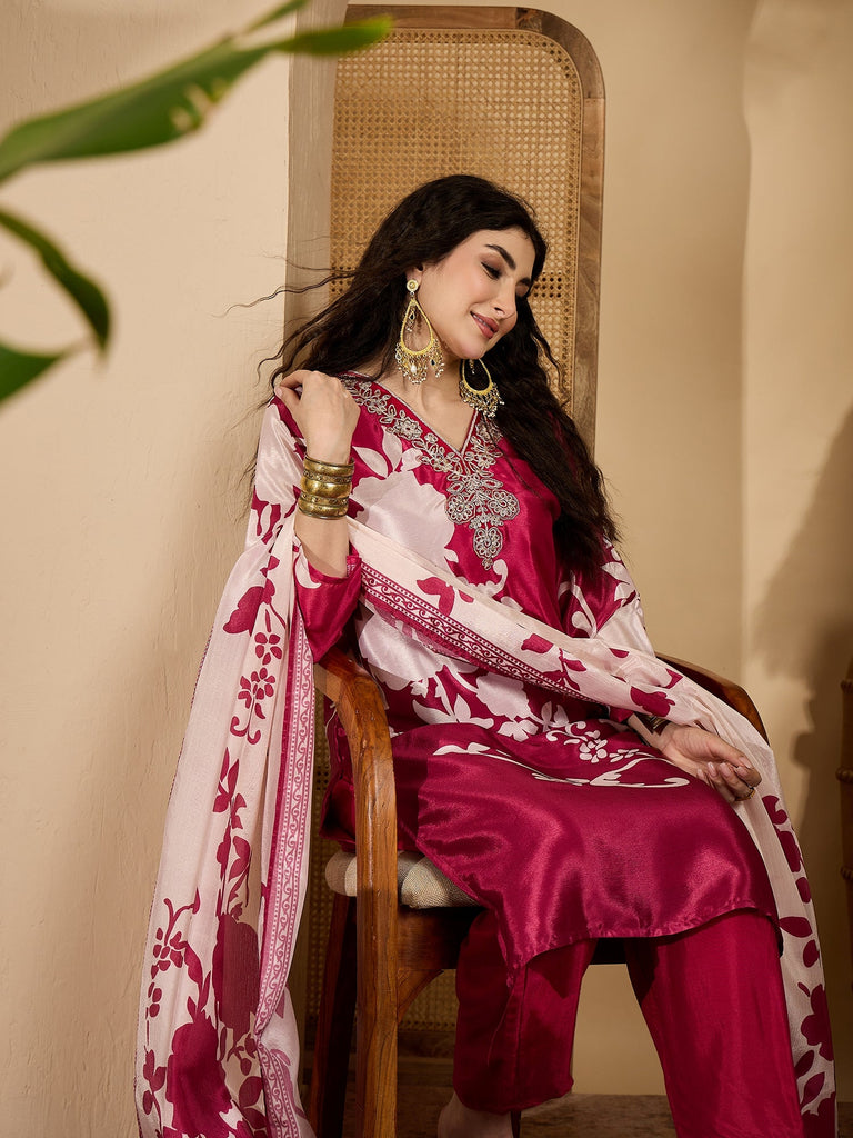 Women's Pink Floral Printed & Embroidered Chinon Straight Kurta Pant Dupatta Set