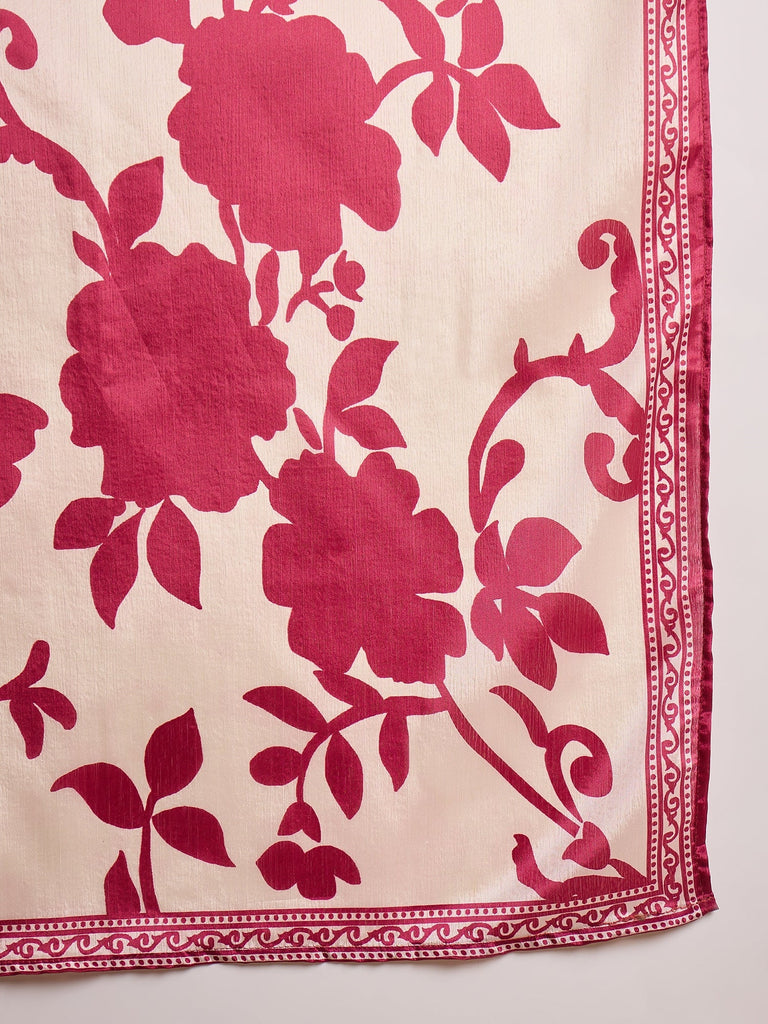 Women's Pink Floral Printed & Embroidered Chinon Straight Kurta Pant Dupatta Set