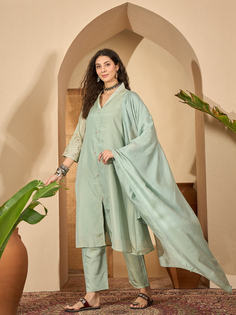 Women's Pista Solid Silk Blend A-Line Kurta Pant Dupatta Set