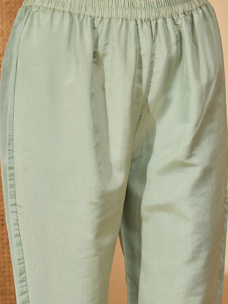 Women's Pista Solid Silk Blend A-Line Kurta Pant Dupatta Set