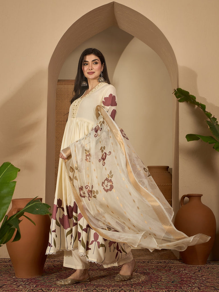 Women's Wine Floral Printed Rayon Flared Kurta Palazzo Dupatta Set