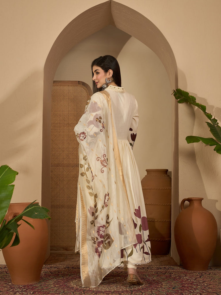 Women's Wine Floral Printed Rayon Flared Kurta Palazzo Dupatta Set