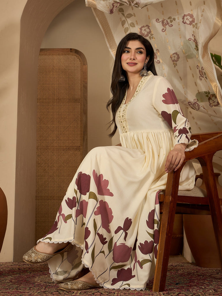 Women's Wine Floral Printed Rayon Flared Kurta Palazzo Dupatta Set
