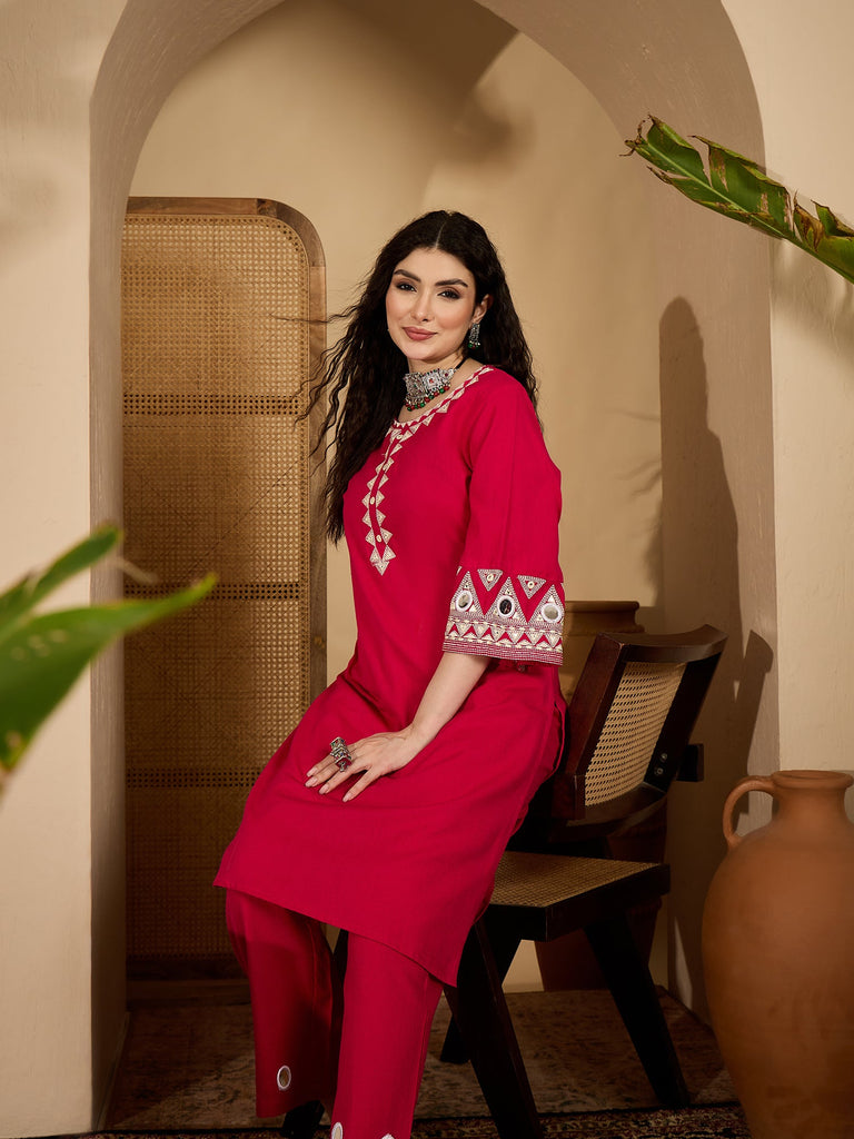 Women's Pink Solid & Embroidered Cotton Flex Straight Kurta Pant Set