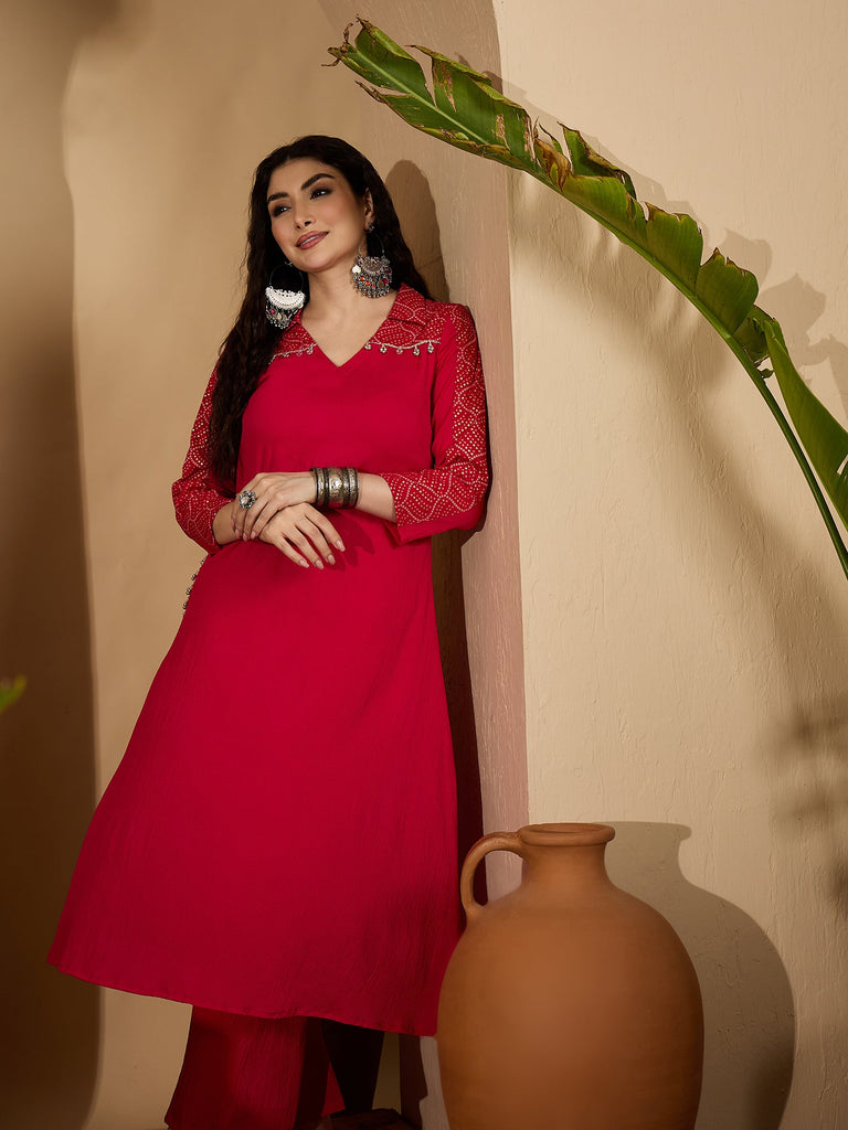 Women's Pink Solid Crepe A-Line Kurta Pant Set