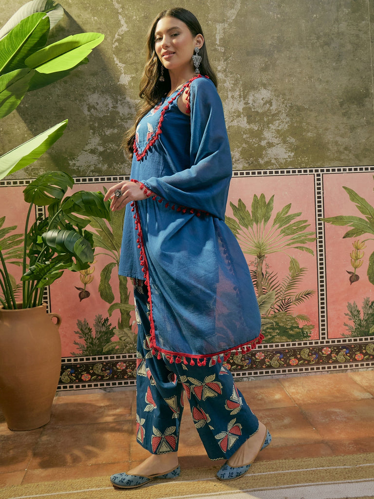 Women's Blue Solid Cotton Straight Kurti Salwar Dupatta Set