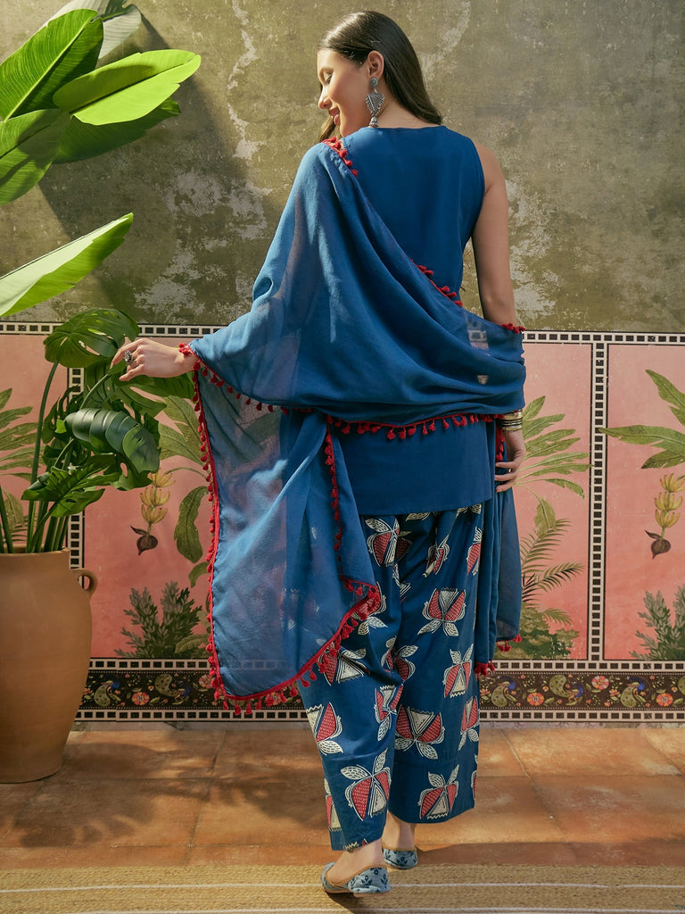 Women's Blue Solid Cotton Straight Kurti Salwar Dupatta Set
