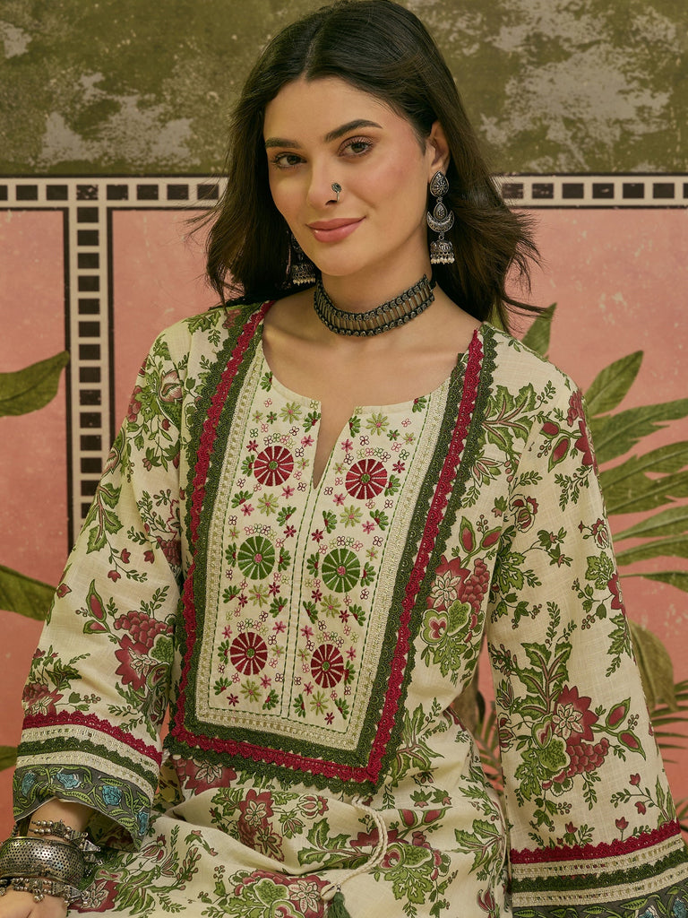 Women's Red Floral Printed & Embroidered Cotton A-Line Kurti Farshi Salwar Set