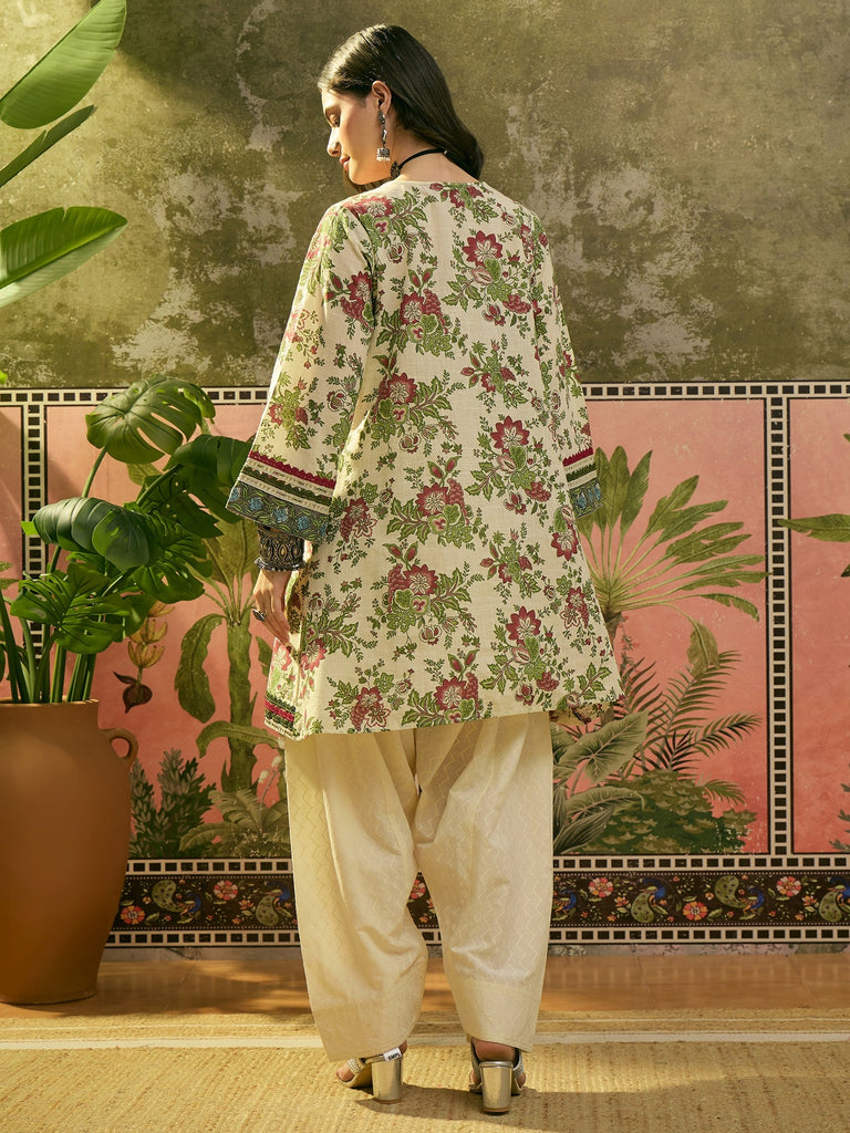 Women's Red Floral Printed & Embroidered Cotton A-Line Kurti Farshi Salwar Set