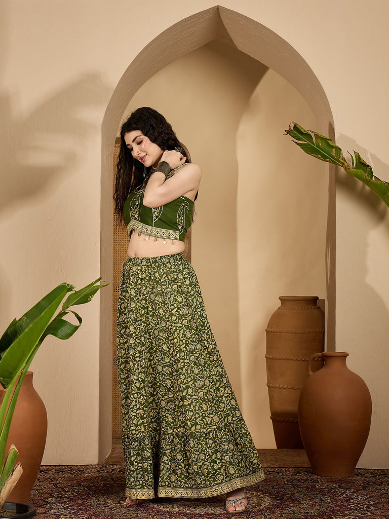 Women's Green Ethnic Printed Cotton Crop Top With Skirt