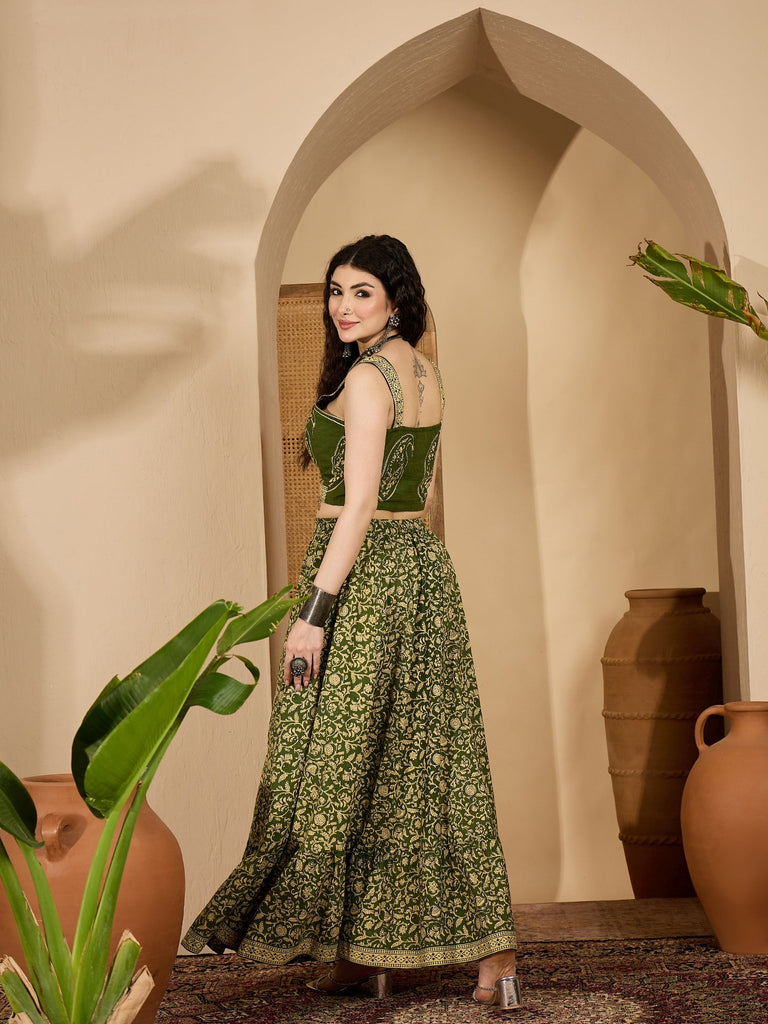 Women's Green Ethnic Printed Cotton Crop Top With Skirt