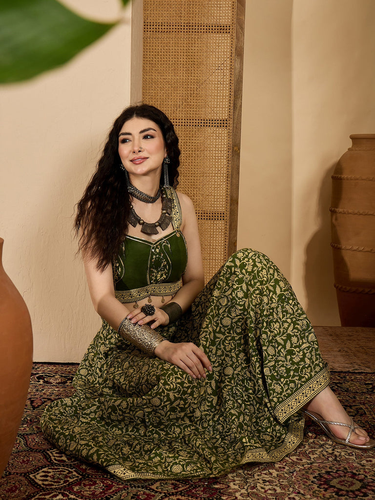 Women's Green Ethnic Printed Cotton Crop Top With Skirt