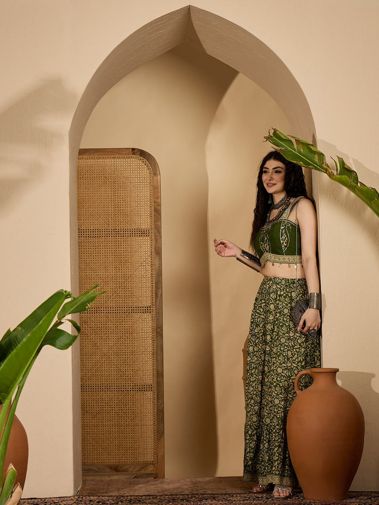 Women's Green Ethnic Printed Cotton Crop Top With Skirt
