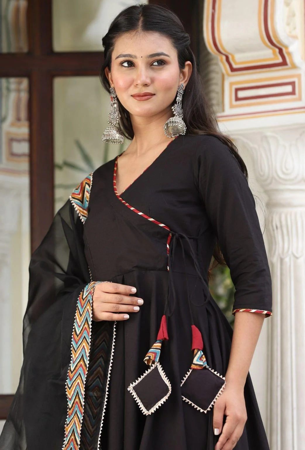 Women's Zig-Zag Black Cotton Anarkali Set - Lado Jaipuri