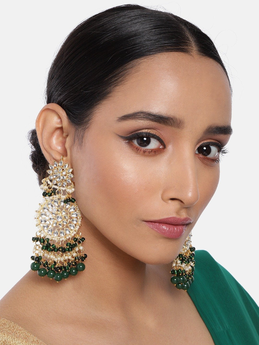 Women's  Gold Plated Green Drop Earrings Glided With Kundans & Pearls