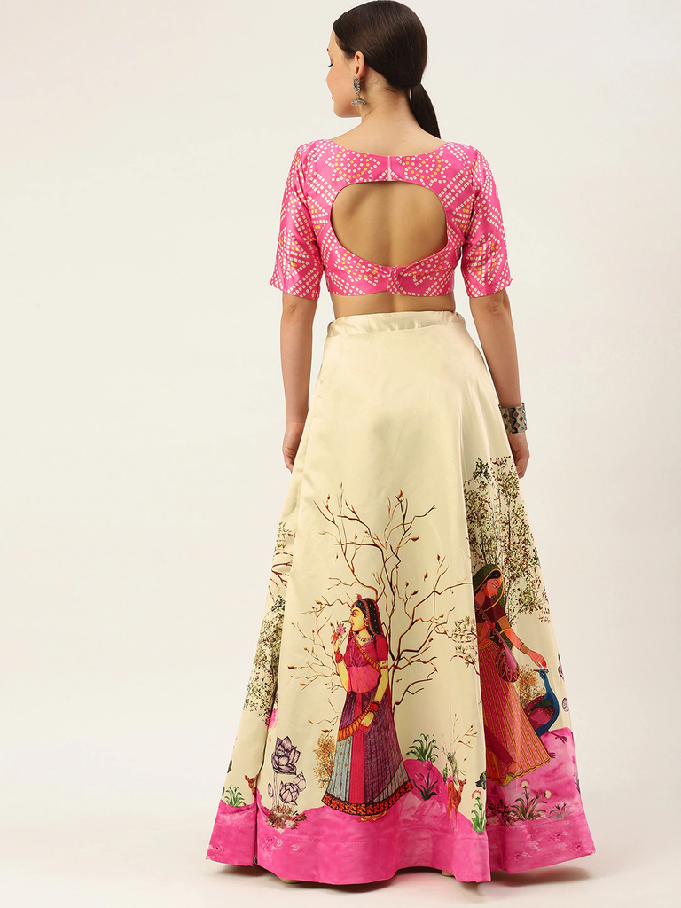 Women's Ethnic Motifs Digital Print Shiney Satin Croptop Lehenga Choli With Unstitched Blouse