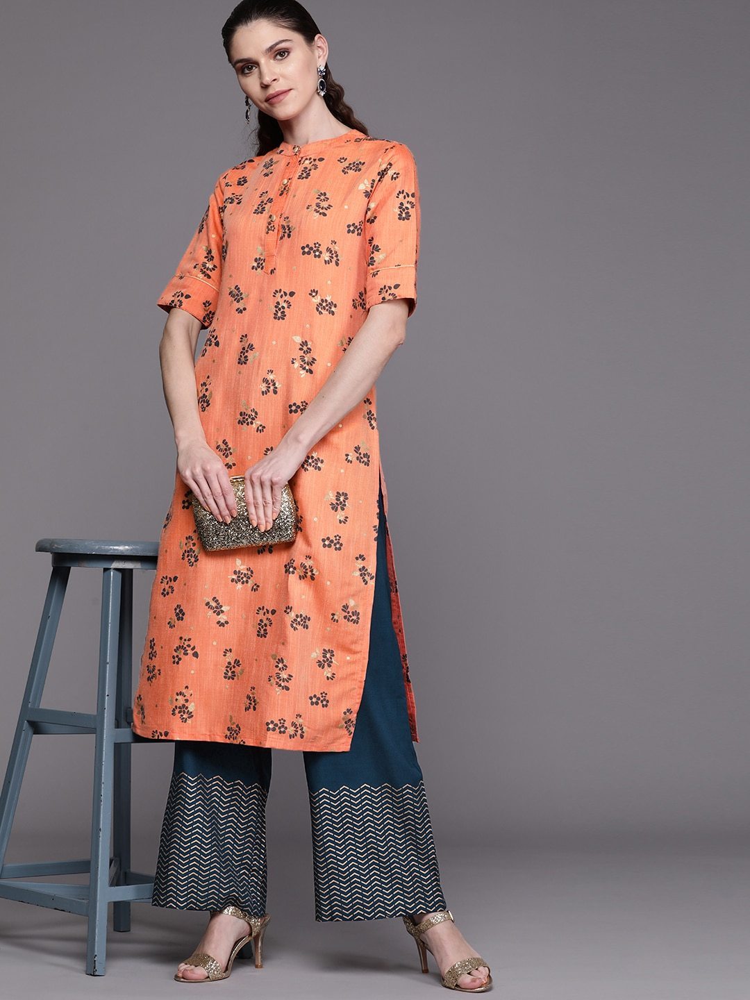 Women's  Peach-Coloured & Teal Blue Floral Print Kurta with Palazzos