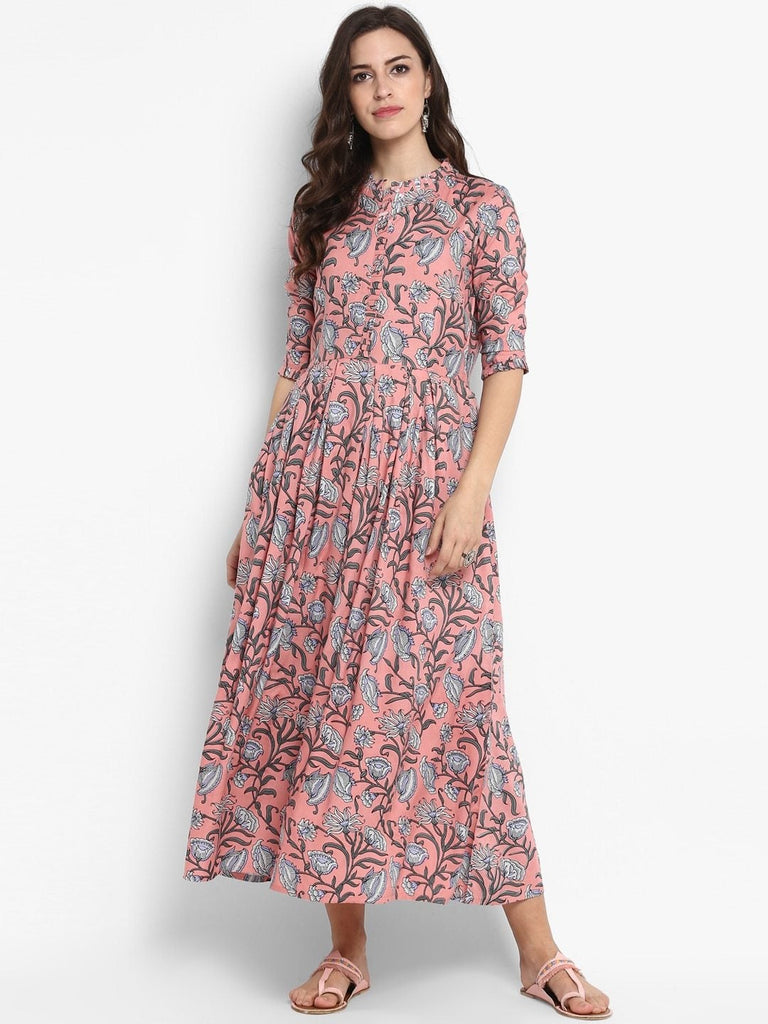 Women's Peach-Coloured Printed Maxi Dress - USA Ready-To-Ship
