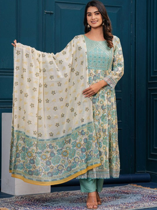 Women's Floral Embroidered Regular Cotton Kurta with Trousers & With Dupatta