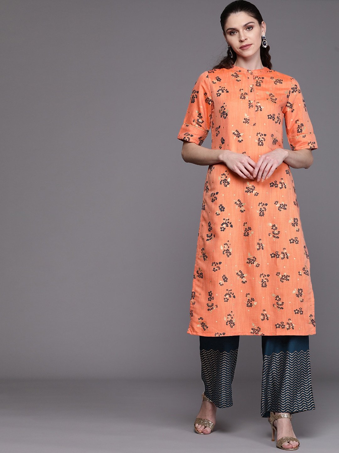 Women's  Peach-Coloured & Teal Blue Floral Print Kurta with Palazzos