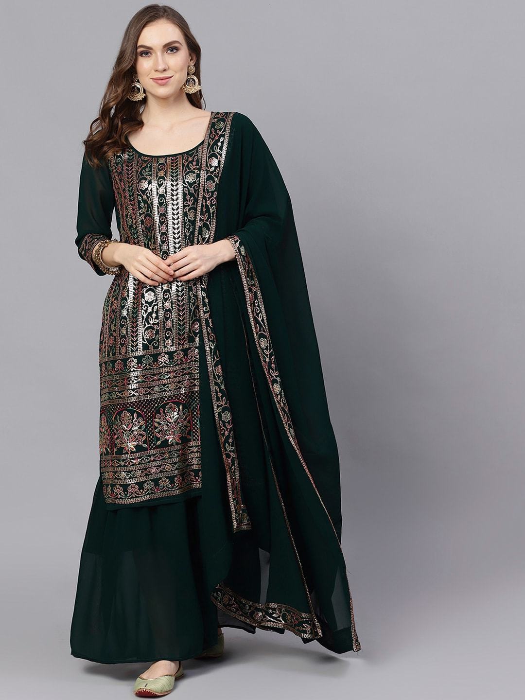 Women's  Green & Gold-Toned Embroidered Kurta with Palazzos & Dupatta - Final Clearance Sale