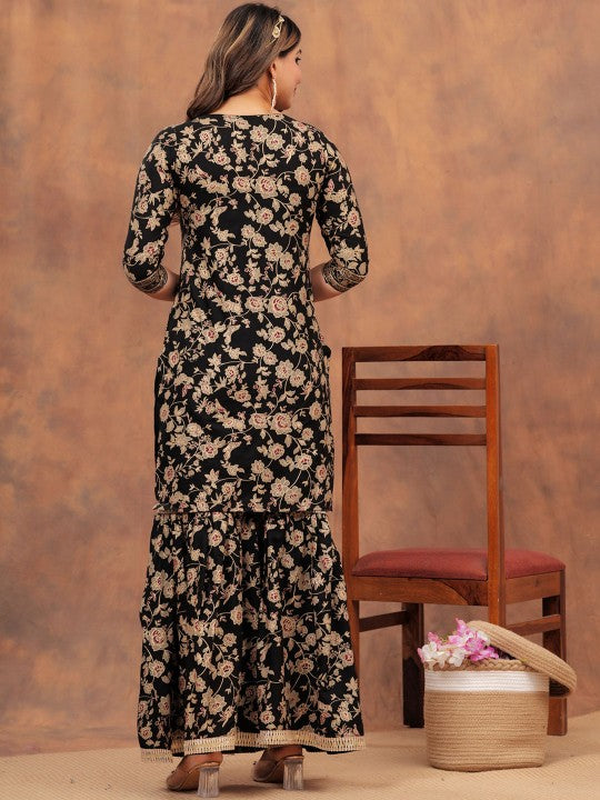 Women's Floral Printed Gotta Patti Straight Kurta with Sharara & Dupatta