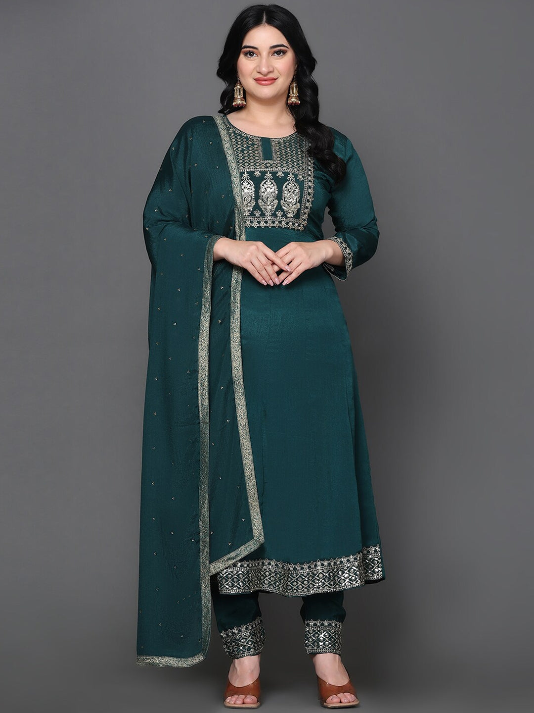 Women's Ethnic Motifs Yoke Design Pure Silk Anarkali Kurta With Trousers & Dupatta - Noz2Toz USA