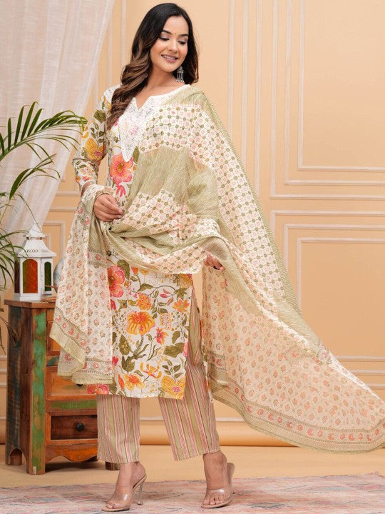 Women's Floral Printed Regular Pure Cotton Straight Kurta with Palazzos & With Dupatta - Taantav