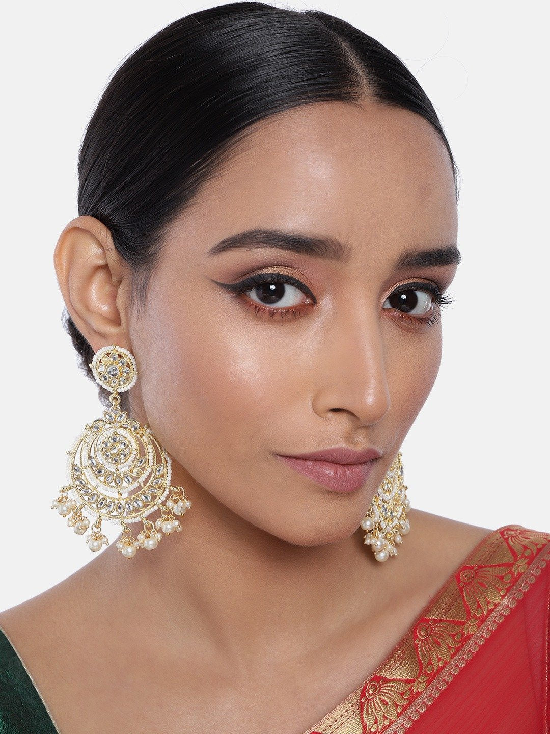 Women's  Gold Plated White Beaded Chandbali Earrings Glided With Kundans & Pearls