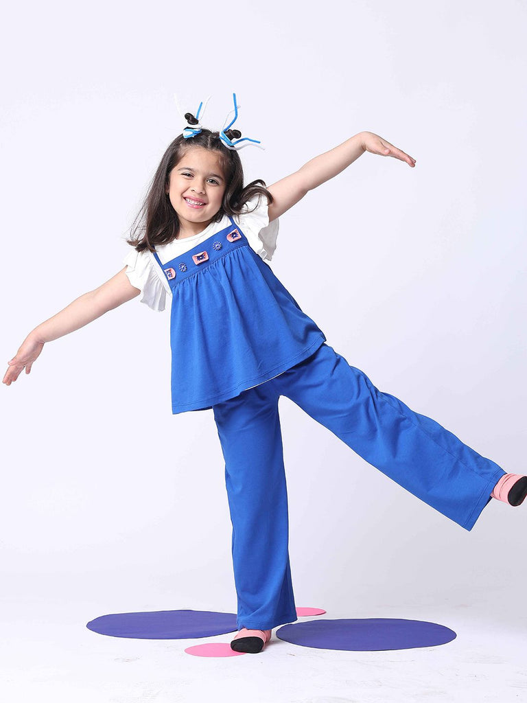 Girl's Blue Pure Cotton Solid Co-Ord Set