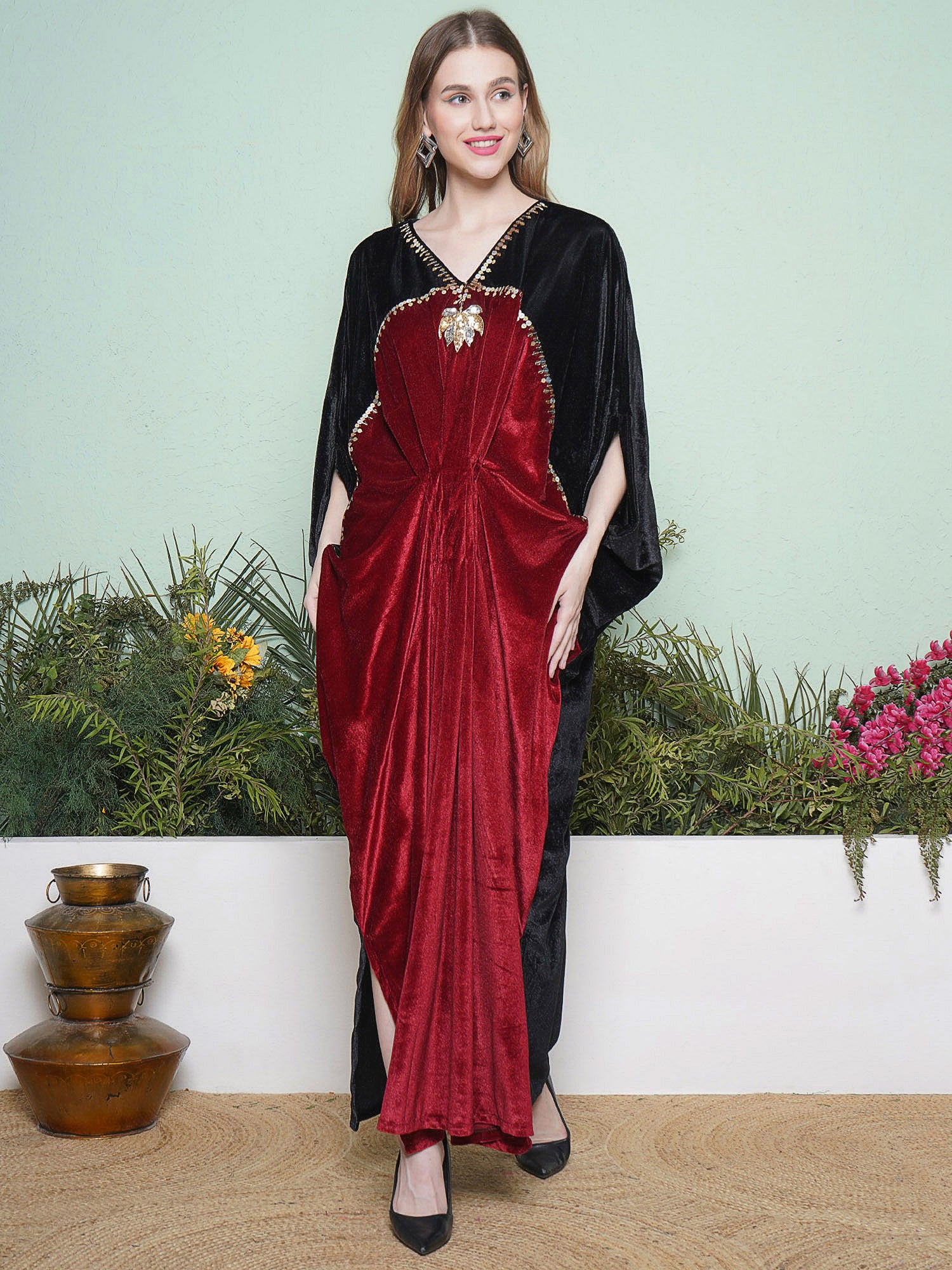 Women's Maroon Velvet Embroidery Dress Maroon / XXL | Trendia Global Women's Maroon Velvet Embroidery Dress Maroon / XXL | Trendia Global