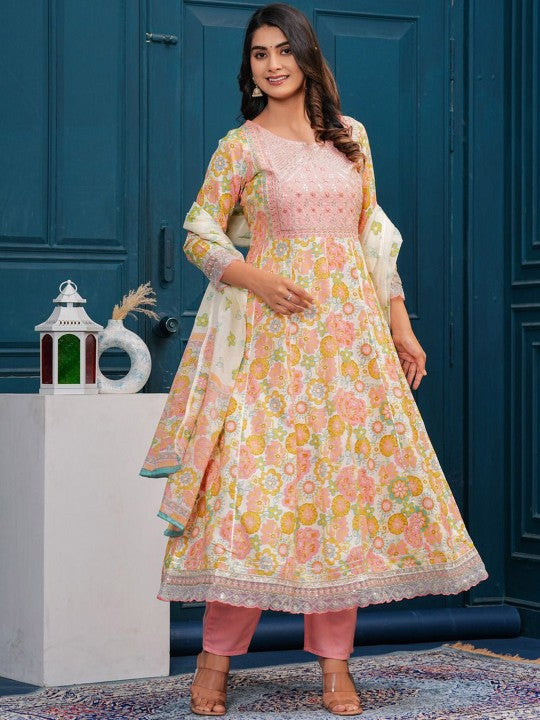 Women's Floral Embroidered Regular Kurta with Palazzos & With Dupatta - Taantav